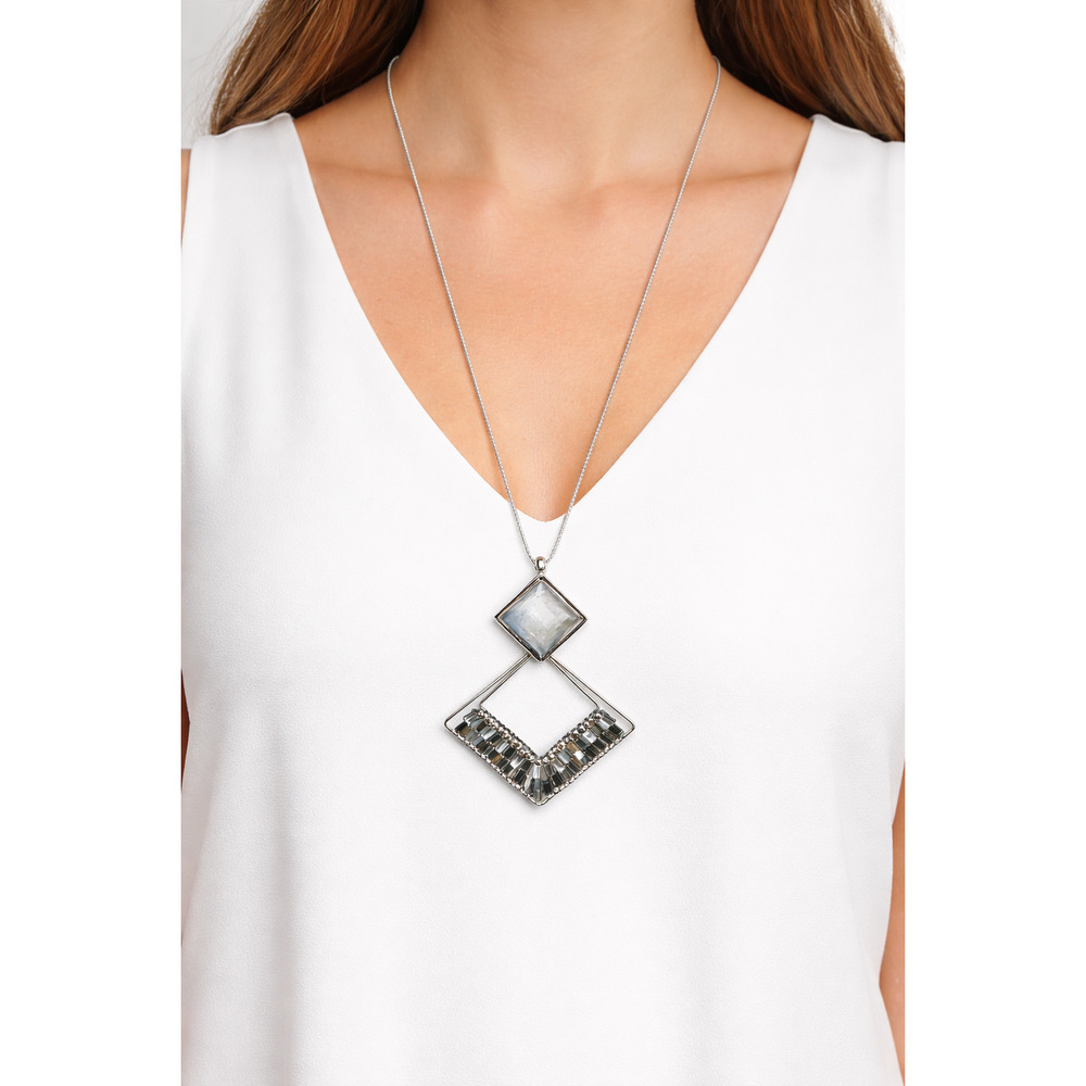Silver Tone Geometric Pendant Necklace Adjustable Cord Modern Statement Jewelry